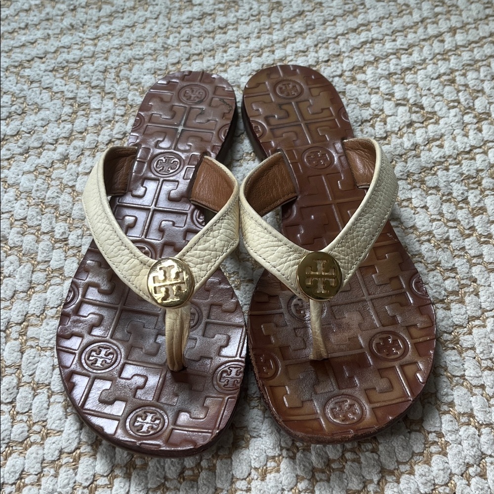 Tory Burch Cream and Brown Flip Flops